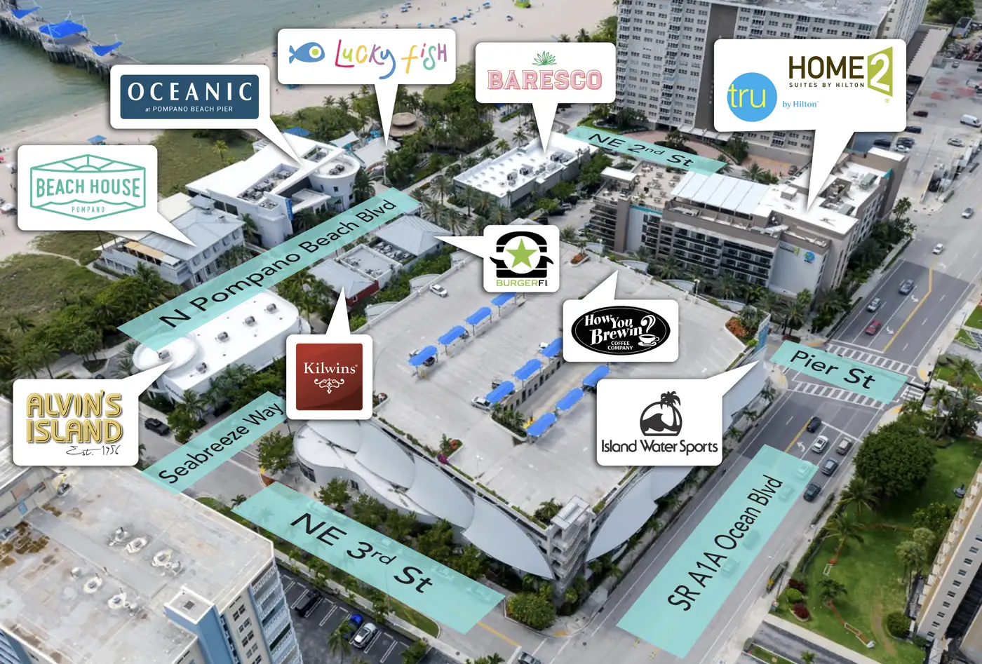 overhead image of Pompano Beach business area with labels showing locations of business and streets